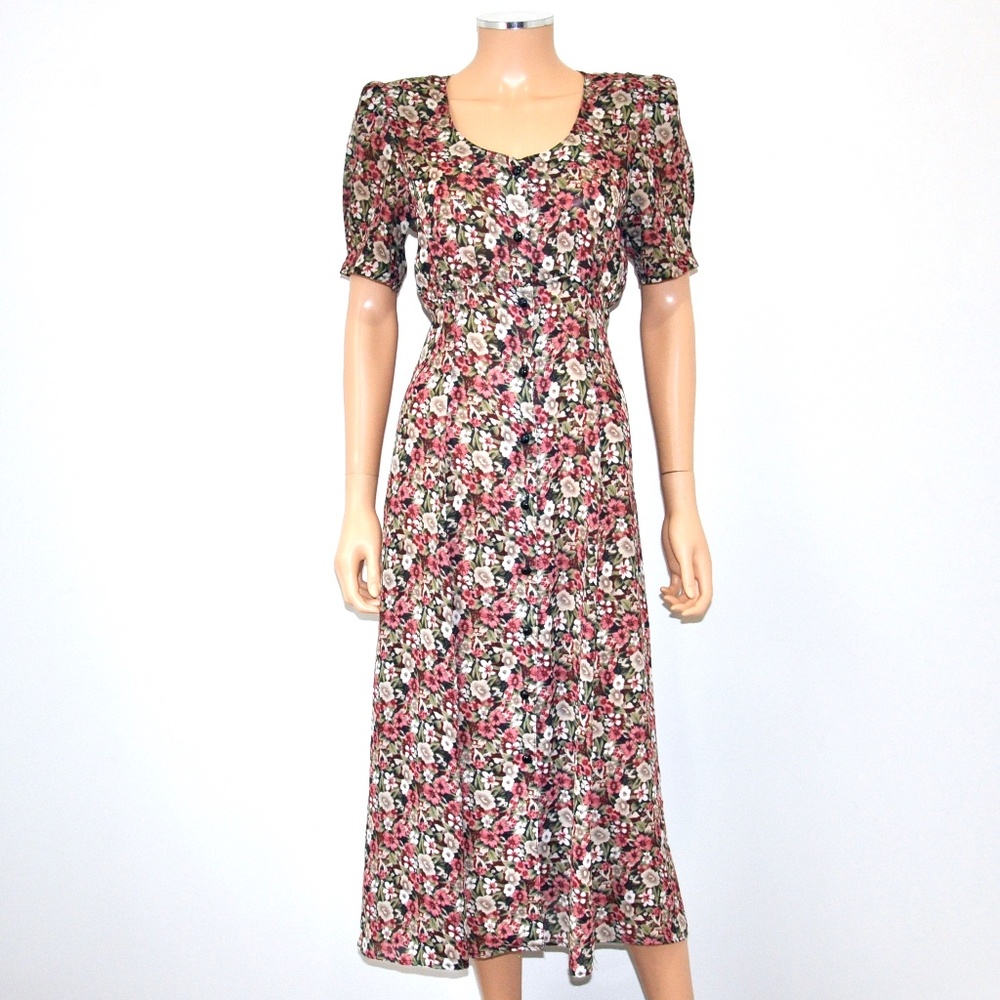 VTG 80'S Floral Cottagecore Puff Sleeve Button Down Midi Shirtdress - Sz 7
